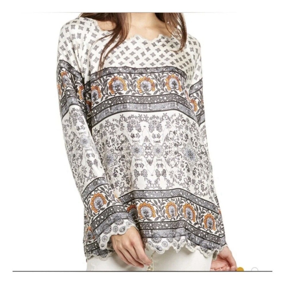 JOHNNY WAS Printed SILK Tunic- Woman Sz M Scalloped Trim 3/4 Sleeve Boho EUC